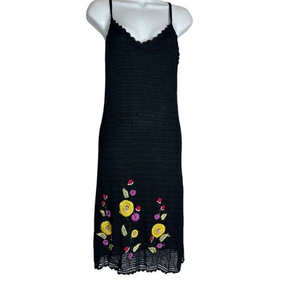 Papell Y2K Crochet Black Embroidered Beaded Floral Whimsigoth Fairy Slip Dress M - Picture 2 of 15